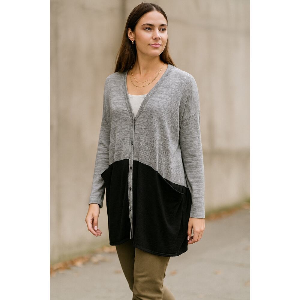 COS Lightweight Wool Cardigan | Gray Black Colorblock Layering Knit Sweater | M